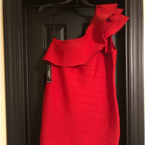 Red Off Shoulder Ruffle Dress - Picture 2 of 4